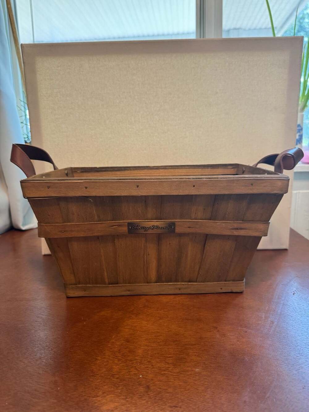 Harry & David Rustic Rectangular Wood Storage Basket with Faux Leather Handles